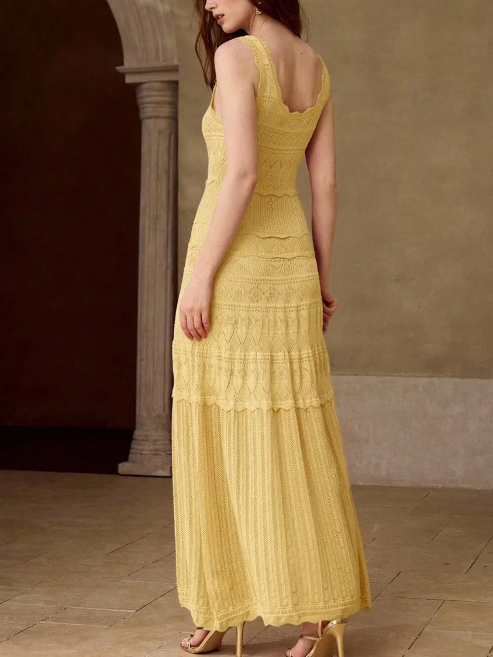 Yellow Elegant Women's Romantic Date Sleeveless Long Knit Dress